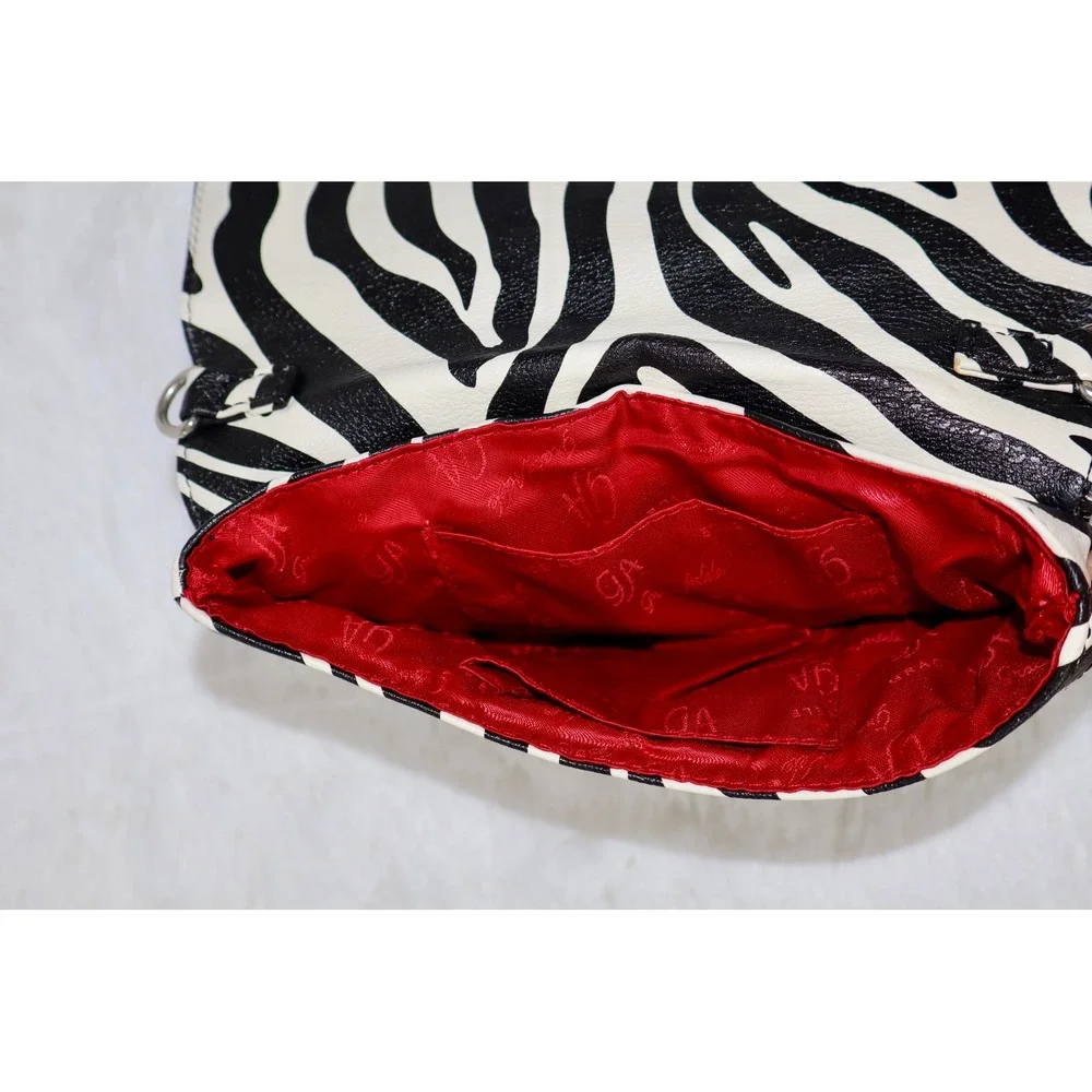 Grace Adele Zebra Print Clutch Bag Black White Faux Leather Red Lining Snap Flap